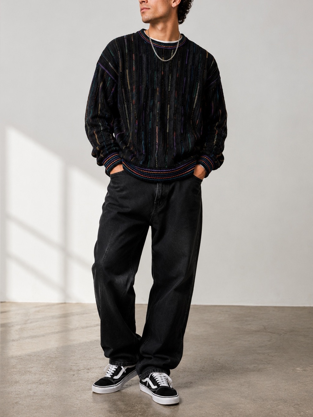 Vintage Tundra Canada • Textured Knit Sweater Men’s Medium Black Multicolor 90s